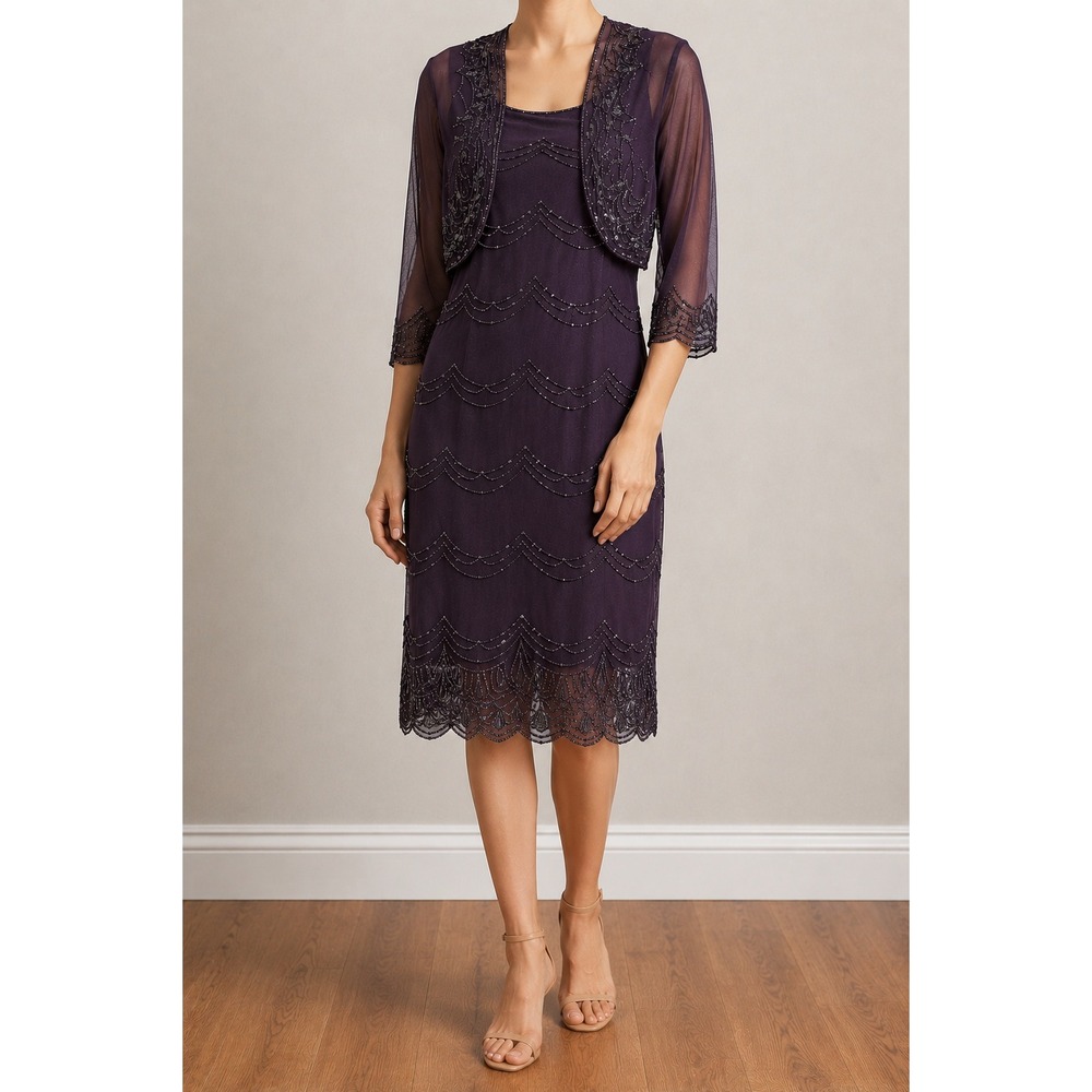 Vintage Art Deco Beaded Purple Mesh Midi Dress Bolero Set Rayon Cocktail Gatsby